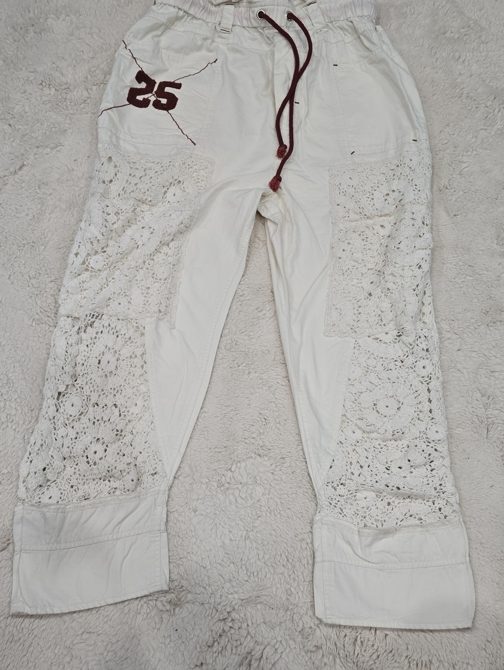 Free People White Crochet Patchwork Drawstring Trousers